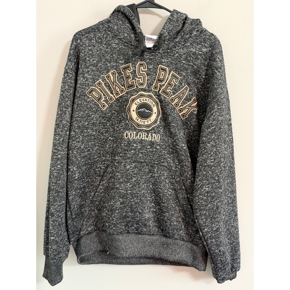Pikes Peak Hoodie Mens Medium Gray Colorado Mountain Elevation Graphic Pullover